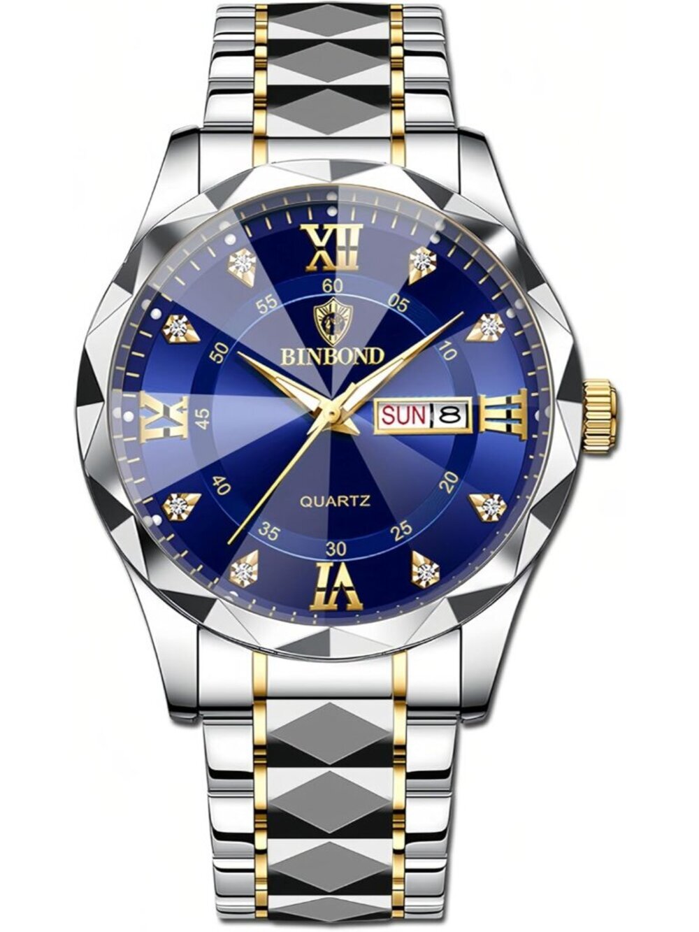 Unisex Silver Blue Analog Stainless Steel Roman Numeral Diamond Waterproof Watch